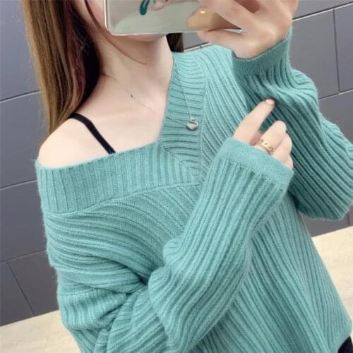 Sexy V-Neck Knitted Sweater Women 2020 New Autumn Winter Long Sleeve Basic Knitwear Tops Loose Ladies Sweaters and Pullovers