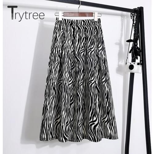 Trytree 2020 Spring Autumn Casual Woman Skirt Elastic Waist A-line Zebra Striped Fashion Mid-Calf Silky Office Lady Skirt