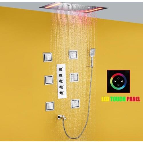 Bathroom Atomizing Rain Shower System Brass Thermostatic Faucet Set 50X36 CM Bath Head LED Touch Panel Body Sprayer Jet