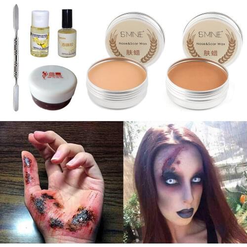 Fake Wound Modeling Scar Makeup Wax + Spatula + 15g Coagulated Blood + 15ml Spirit Gum Adhesive + 10ml Oil for Halloween Stage