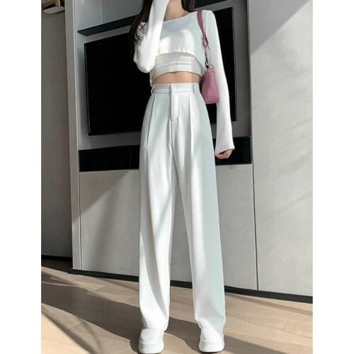 2021 Autumn Women Fashio n High Waist Solid Wide Leg Pants Casual High Street White Slim Trousers
