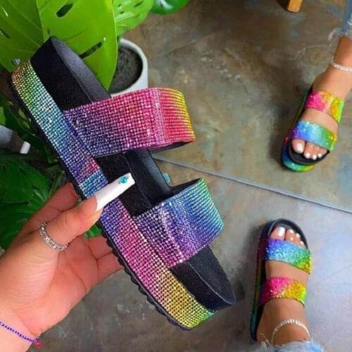 2021 Womens Sandals Summer Low Heel Outdoor Beach Slippers Rhinestone Platform Female Shoes Bling Wedges Sandals For Women