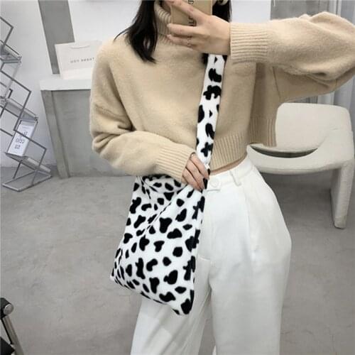 Women Girls Soft Plush Crossbody Purse, Cute Cow Print Shoulder Bag Lightweight Travel Satchel