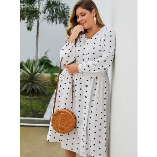 Plus Size Summer Dress Polka Dot V-neck Large Size Long Sleeve Single Row Buttons Comfortable Calf Length Casual Dating A-Line