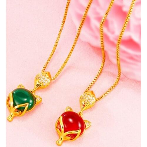 Fox Necklaces for Women 18K Gold Plated Pendant Necklace Zircon Red Green Imitation Gemstone Engagement Wedding Necklace Jewelry
