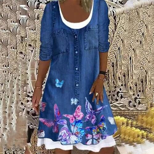 Womens Dress 2021 Autumn New Fashion Womens Flame Fake Two-piece Butterflies Printed Casual Plus Size Comfortable Shirt Dress