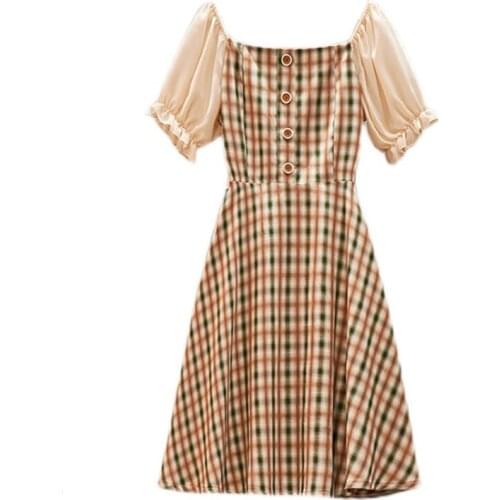 Plus Size Womens Dress Summer 2021 New Women Sundress Chiffon Dresses Slim Plaid Stitching Puff Sleeve Big Swing Female Dress