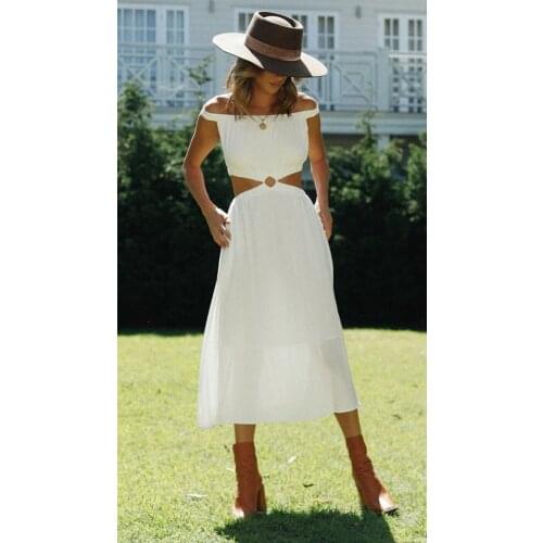 New Fashion Summer Women Clothes Fashion Slash Neck Off The Shoulder Solid Mid-Calf Sleeveless Knitting Dresses Women Donsignet