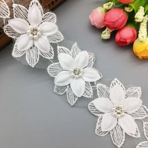 1 Yard White Gardenia Flowers Lace Trim Rhinestone Beaded Pearls Trimmings Applique Sewing Crafts For Ball Gown Wedding Dress