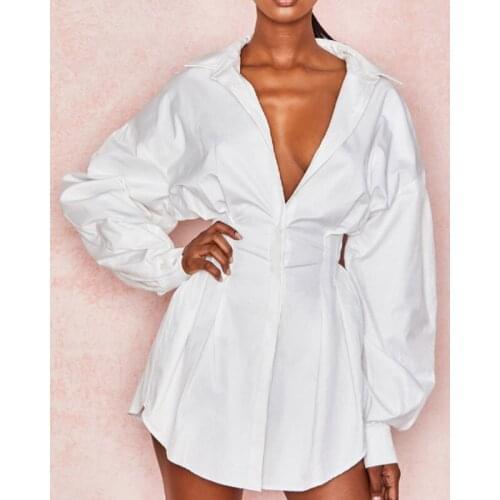 2020 Women Shirt Dress Sexy Solid Color Ladies Deep V Neck Long Sleeve Shirts Female Casual Autumn Sundress Streetwear