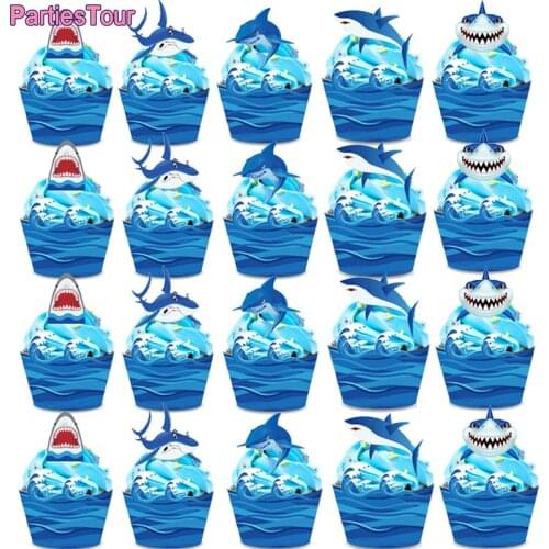 24pcs Nautical Theme Blue Shark Cupcake Toppers Cake Wrapper Shark Birthday Party Cake Toppers for Baby Showers Party Decortions