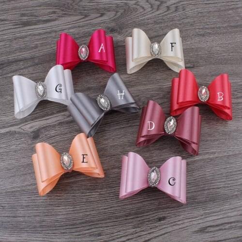 5PCS 3.2" 8colors Newborn Luxe Hair Bows+Crystal Rhinestone Button Handmade Hard Satin Bow Artificial & Dried Flowers