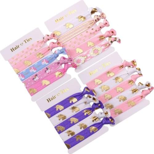 50cards/lot Unicorn Gold Foil Fold Over Elastic Headband printed Knotted Hair Tie Ponytail Holders For Girls Daily Decoration