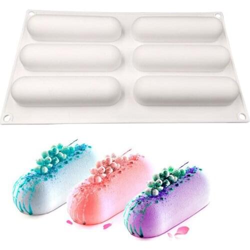 6 Hole Oval Long Non-Stick Silicone Cake Mold for Making Delicate Chocolate Desserts Ice Cream Mousse Cake Decorating Tools