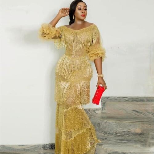 Aso Ebi Gold Yellow Mermaid Evening Dress Black Girl Nigerian Women Half Sleeve Prom Gowns Bling Sequin Formal Dress with Tassel