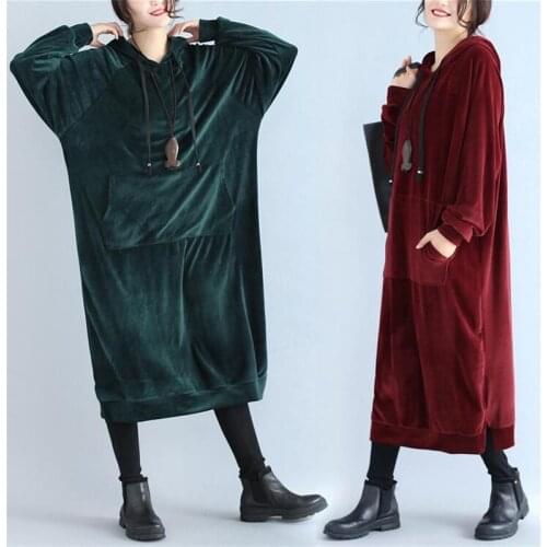 Velvet Winter Autumn Thick Dress Casual Batwing Sleeves Hooded Dress Woman Oversized Solid velour Dress Female Vestidos