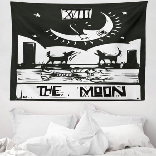 Into the night Of Mikrofiber Large Wall Tapestry Monochrome Half-Moon Dog Star Font Printing Fabric Decorative Wall hanging 230cm x 140cm
