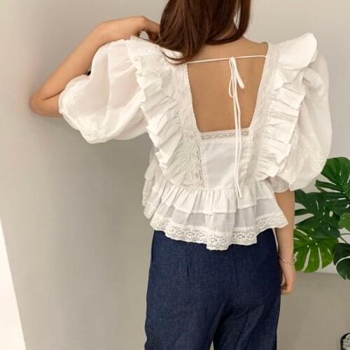 Be Careful with the Halter Back Lace-up Ruffled Lantern Sleeve Short Shirt