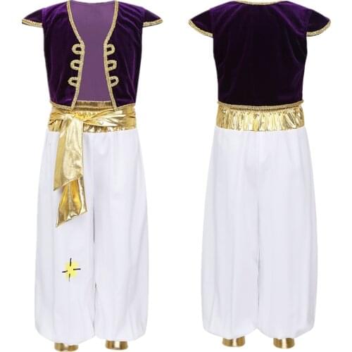 Kids Boys Arabian Prince Costume Outfit Cap Sleeves Vest Waistcoat with Pants 2 Pcs Set for Halloween Dress Up Cosplay Party