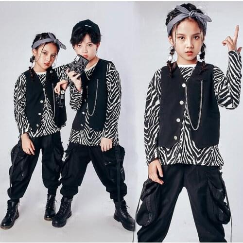 Kids Hip Hop dancing Clothing Waistcoat Sleeveless Jacket Zebra Shirt Top Vest Tactical Crago Pants for Girl Boy Dance Costume