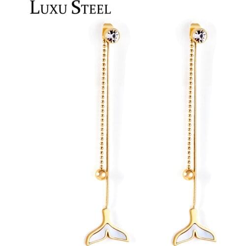 LUXUSTEEL Stainless Steel Fish tail Shell Long Drop Earrings Women Accessories Gold Color Chain Earrings Wholesale Accessories