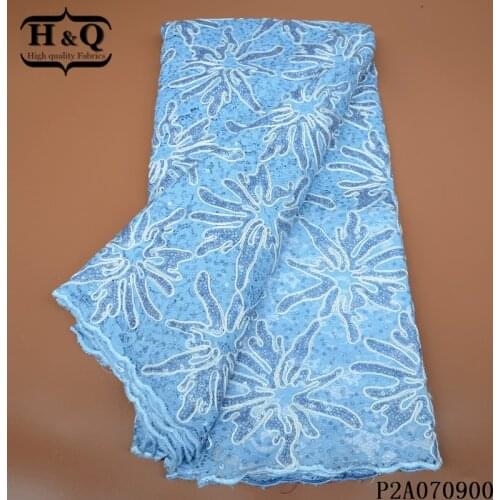 H&Q sky blue sequins fabric 2021 high quality french tulle mesh lace 5 yards embroidery nigerian african lace fabric for wedding