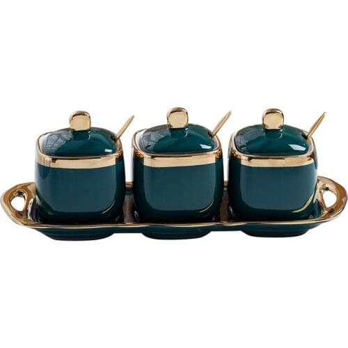 Ceramic Seasoning Pot Combined with Green Seasoning Box Three Piece Salt Pot Sauce Can Spice Jar