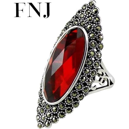 FNJ Vintage Ring 925 Silver Adjustable Size 100% Original Real S925 Solid Silver Rings for Women Jewelry MARCASITE Red Zircon