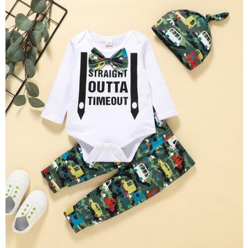 3pcs Baby Boys Clothes Set Autumn Letter Print Long Sleeve O-neck Romper Top+Car Print Trousers+Pointed Hat Outfit