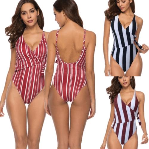 Summer Women One Piece Swimming Bikini Lady Sexy Stripe Backless Bandage Swimsuit Push Up Padded Swimwear Beachwear Bathing Suit