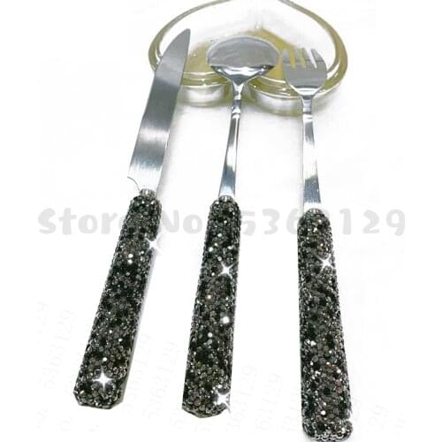3 Piece Sets Bling Rhinestones Cutlery Household Steak Stainless Steel Diamond Knife Fork Spoon Kitchen Party Dinner Tableware