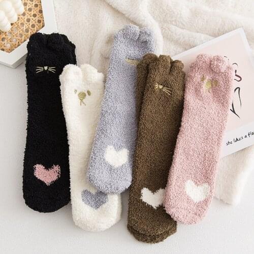 3 Pairs Winter New Cute Cat Claw Embroidery Women Warm Long Socks Coral Fleece Home Floor Socks Girls Sleep Thick Plush Socks
