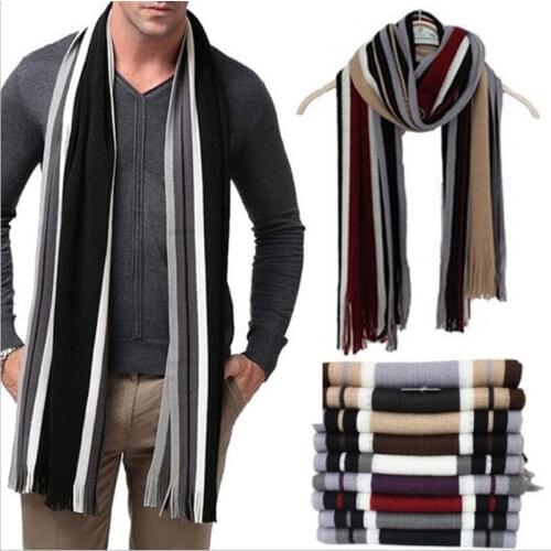 New Mens Winter Warm Cashmere Scarf Classic Striped Business Scarf Long Tassel Knit Scarf Black Gray Red Beige Navy Blue