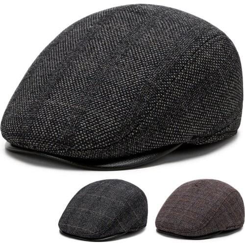 Autumn and Winter Plaid Woolen Beret Mens Middle-aged and Elderly Fleece Ear Protection Visor Adult Hat for Old Men