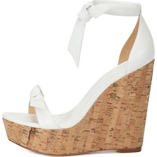 Sexy White Leather Wedge Sandals Women Peep Toe Cut-out Ankle Tie-up Wooden Platform Sandals Gladiator Heels Shoes Summer