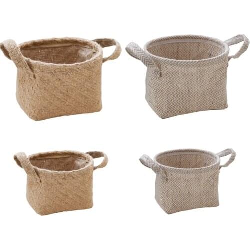 Rustic Woven Jute Laundry Storage Basket Braided Rope Caddy Bin with Handles Flower Pot Kids Toys Sundries Organizer