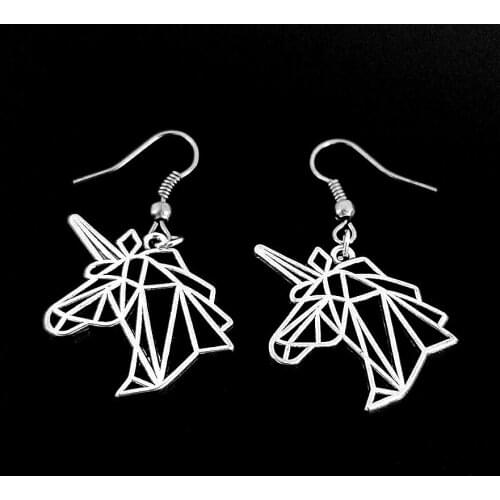 1 pair Silver Color Unicorn Head dangle earring Origami drop earring Birthday Gift Jewelry Women