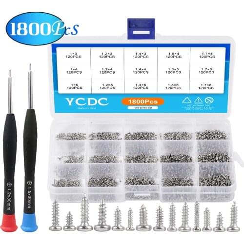 1800Pcs/Set Round Head Small Laptop Tapping Screws Wood M1 M1.2 M1.4 M1.5 M1.7 Pan Mini Screw for Glasses Phone Self Electric