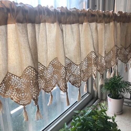 Retro Style Beige Cotton&Linen Crochet LaceTassel Coffee Curtain Multi-function Decorative Short Curtain Size Customizable