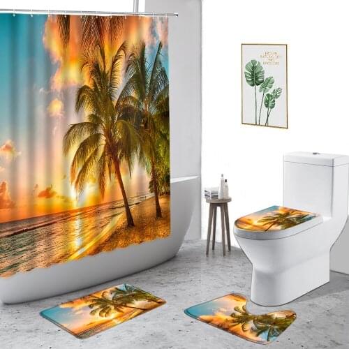 Summer Sunset Beach Scenery Shower Curtain Palm Tree Plank Road Natural Landscape Bathroom 4-Piece Non-Slip Carpet Toilet Cover