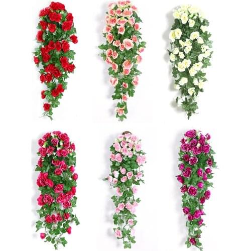 Green Leaf with artificial rose flower bouquet Plastic Artificial Flower string For Home Wedding Decor Hanging Garland Flowers