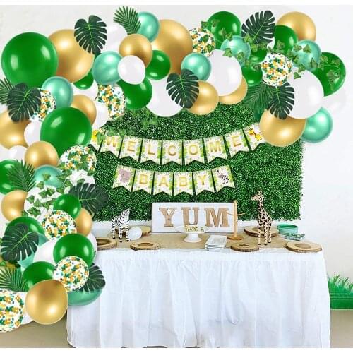 108 pieces of jungle party safari theme green balloon arch kit garland decoration, palm monstera leaves, ivy vine tropical leave