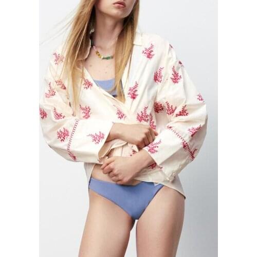 ZA summer new womens clothing all-match girly style pocket decoration flower embroidery lapel loose shirt