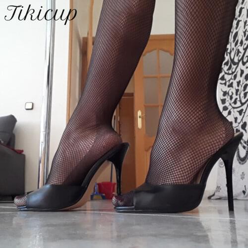 Tikicup Matte Black Women 13cm Extremely High Heel Slide Sandals Summer Backless Stilettos Pumps Chic Ladies Peep Toe Mule Shoes