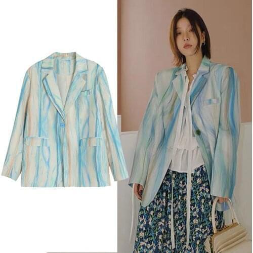 Women Blazer Texture Retro Tie Dye Blazer Coat Vintage Single Button Long Sleeve Lady Casual Suit Jacket Chic Outwears