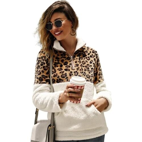 2020 New Fashion Winter Leopard Patchwork Zipper Turn-down Collar Womens Casual Flannel Thick Warm Pullover Pocket Plush Coats