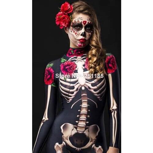 Women Cosplay Skeleton Rose Sexy Bodysuit Halloween Devil Ghost Specter Jumpsuit Romper Party Carnival Performance Scary Costume