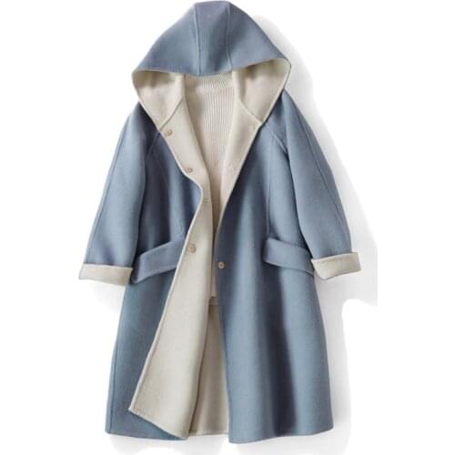 Mozuleva Winter New Elegant Womens Two-Tone Double-Faced Woolen Mid-Length Wool Overcoat Hooded Dark Buckle Woolen Coat Women