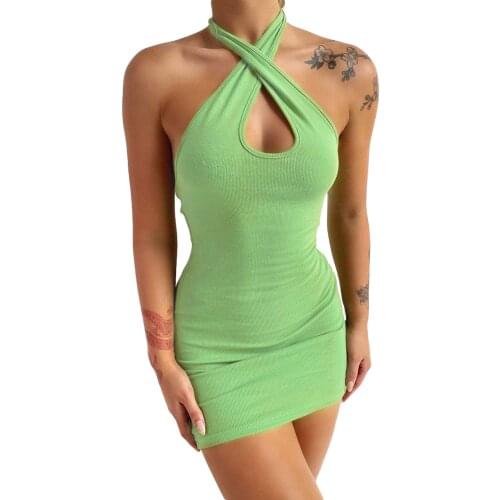 Women Solid Color Lace-up Dress Sleeveless Low-cut High Waist Mini Bodycon Dresses Womens Clothing