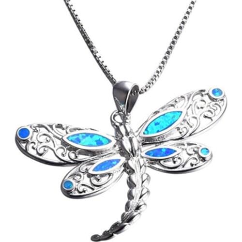Marcatsa Fashion Vintage Hollow Crystal dragonfly Zircon Statement Necklace Women Blue Fire Opal Necklaces pendants Boho Jewelry